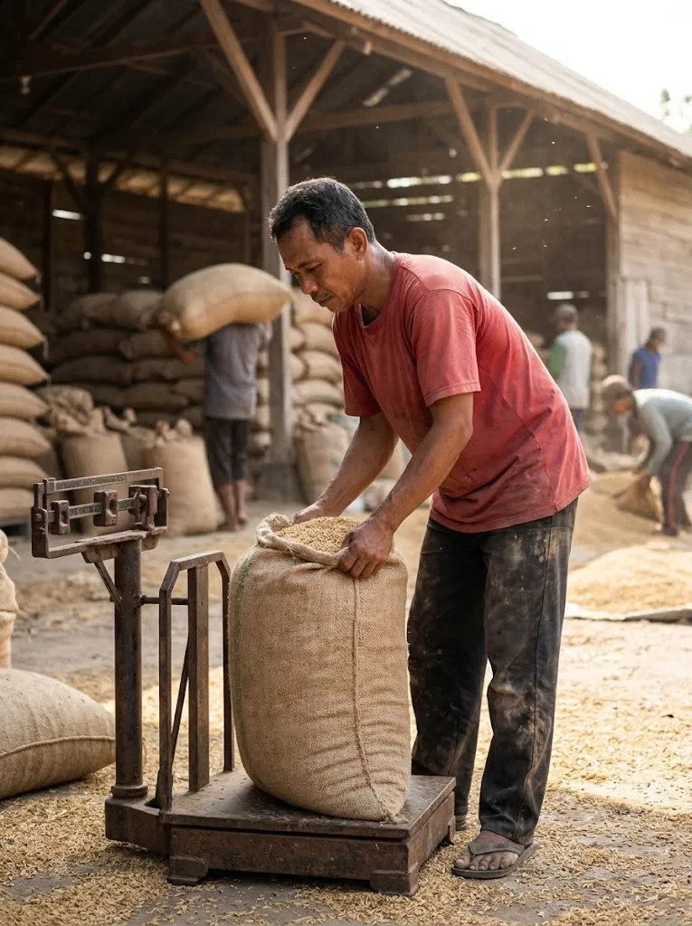 Petani menuang gabah ke karung di atas timbangan, dengan tumpukan karung di belakangnya.